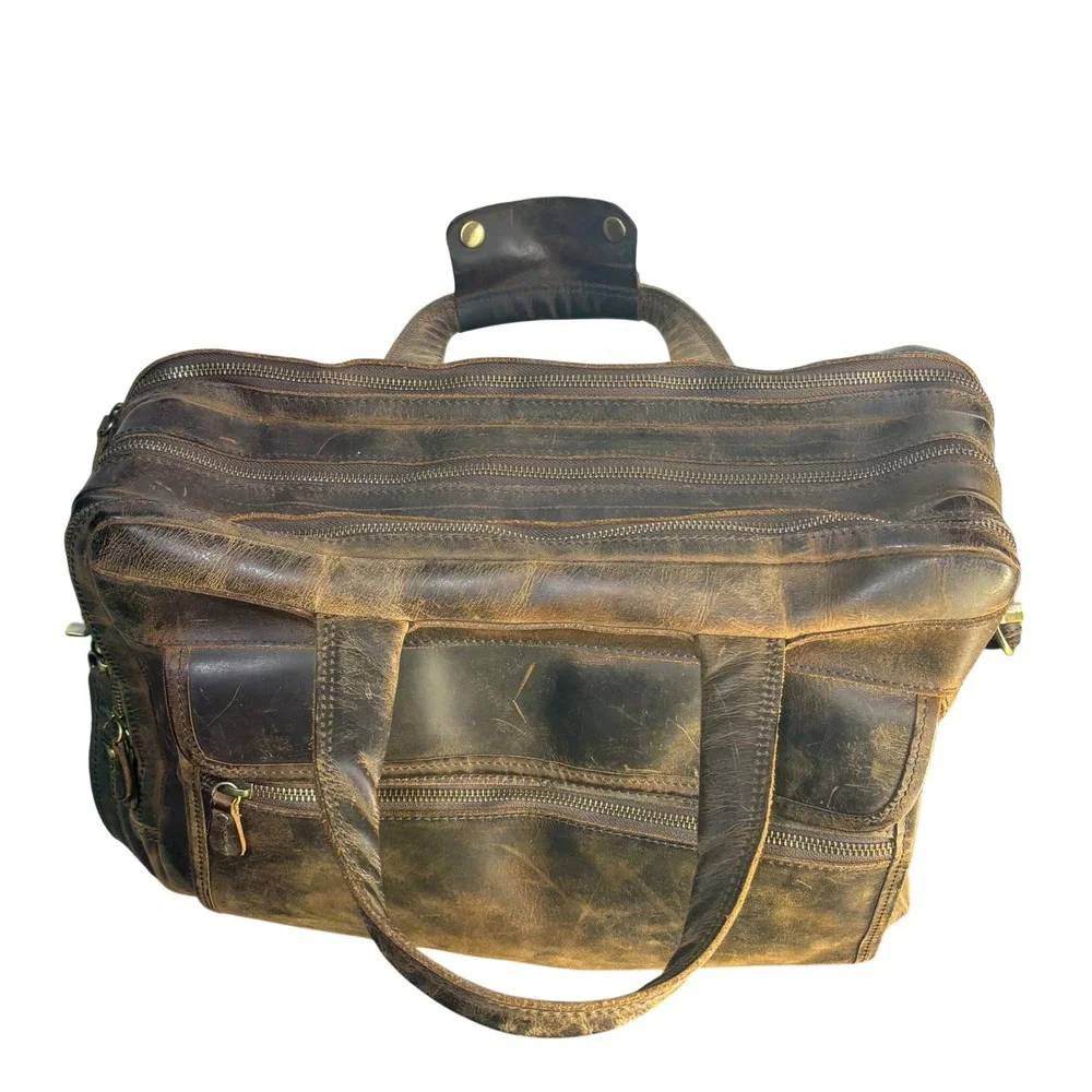 Vintage Leather Crossbody Commuter Bag Briefcase Brown Distressed Mens Large